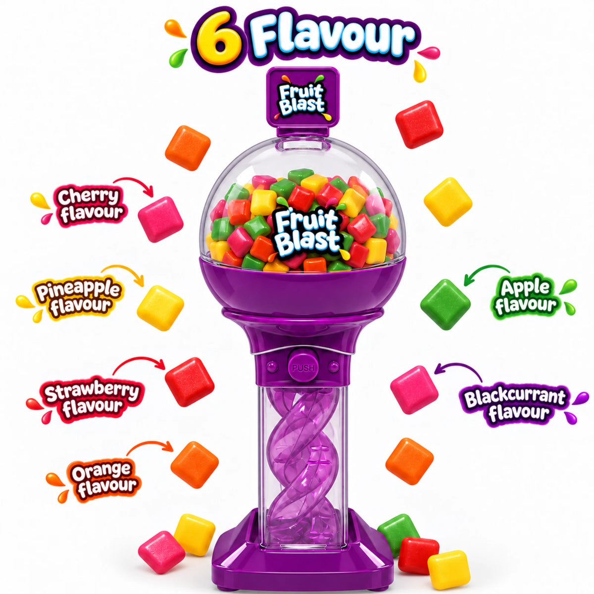 Purple Spiral Sweet Dispenser with 30g Fruit Flavour Chewy Sweets – Refillable Push Button Design