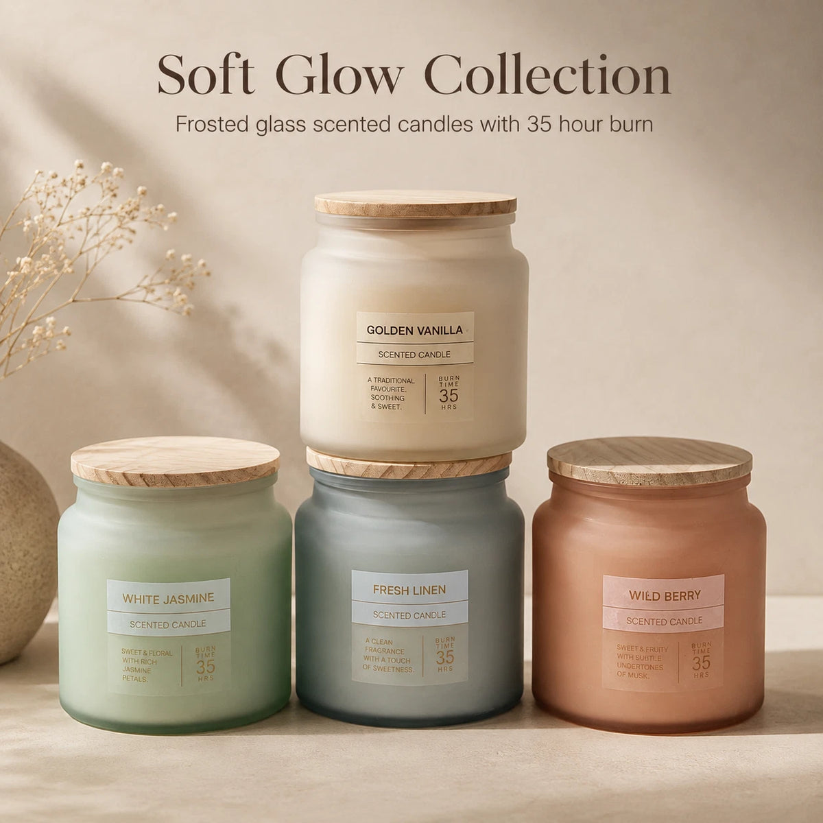 Scented Frosted Glass Jar Candle 300g – Approx. 35 Hour Burn Time – Choice of 4 Fragrances