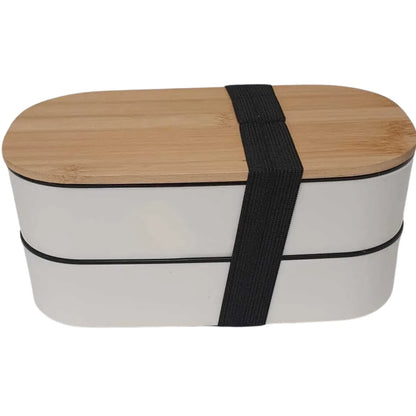 2 Tier Bento Lunch Box with Bamboo Lid, Reusable Cutlery & Elastic Strap – Black or White