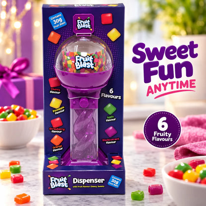 Purple Spiral Sweet Dispenser with 30g Fruit Flavour Chewy Sweets – Refillable Push Button Design
