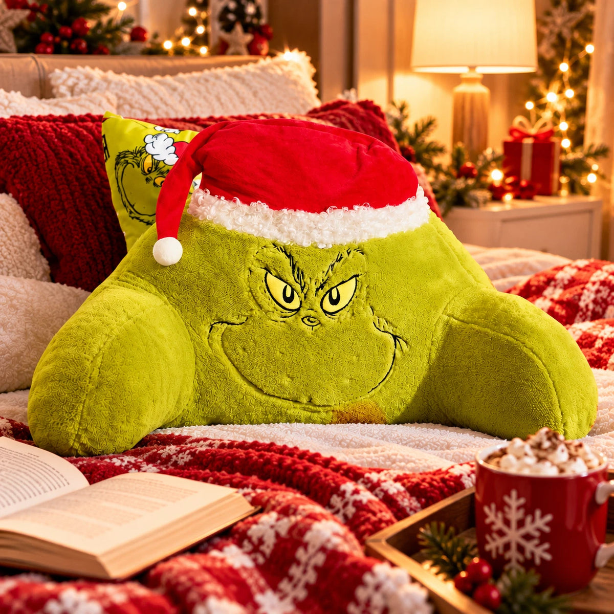 The Grinch Christmas Plush Bed Rest Pillow with Arms & Santa Hat Green Backrest Cushion 43cm