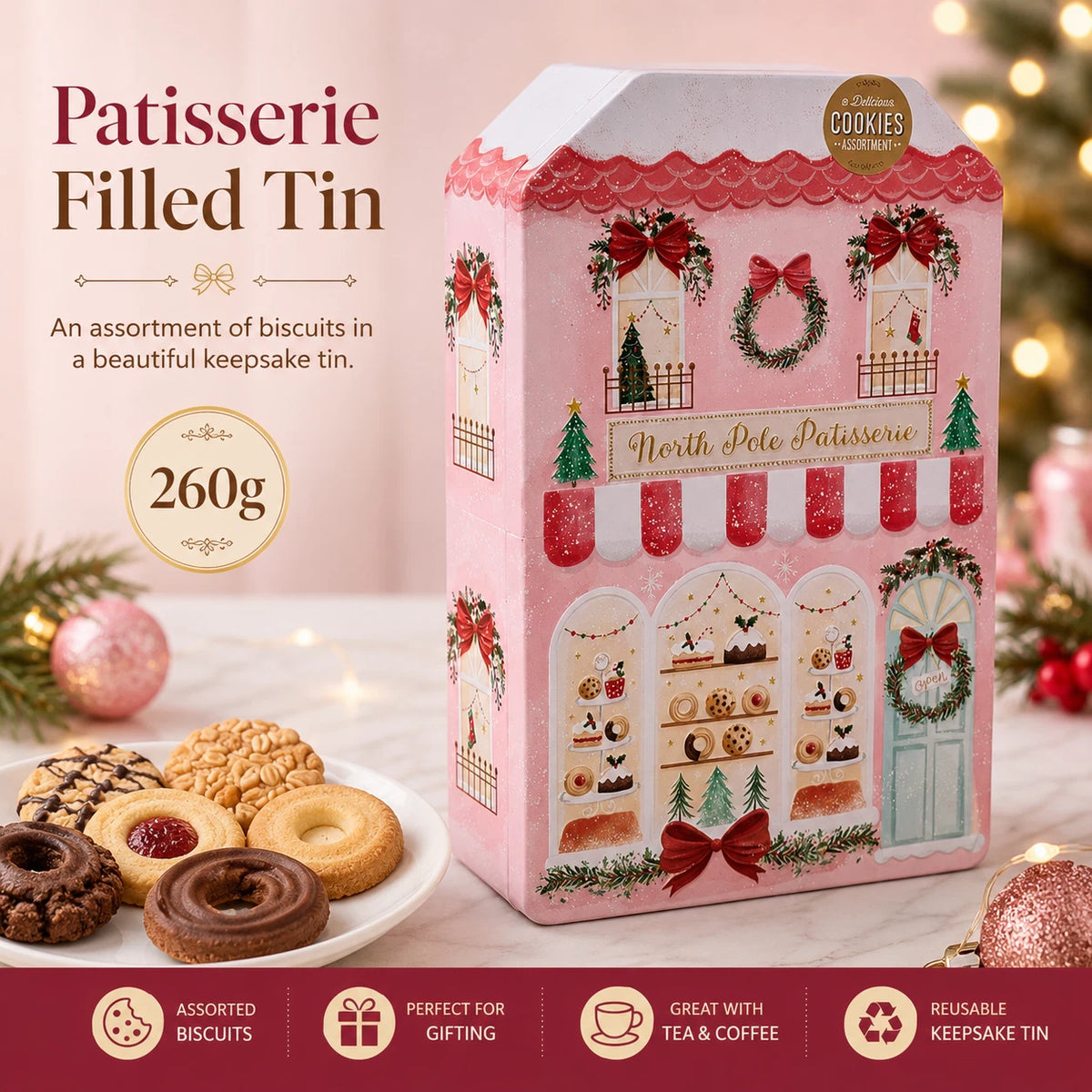 Christmas Patisserie Biscuit Assortment Tin 260g – 6 Varieties in Pink Festive Gift Tin