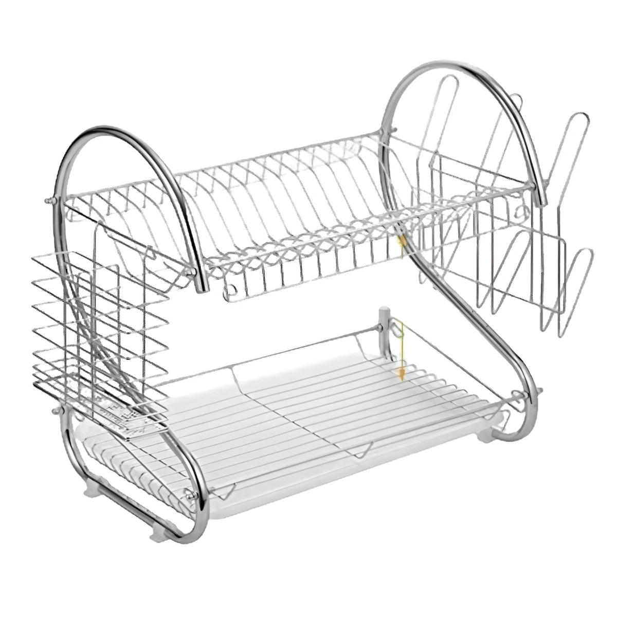 2 Tier Dish Drainer Rack with Cutlery Basket & Glass Holder – Silver