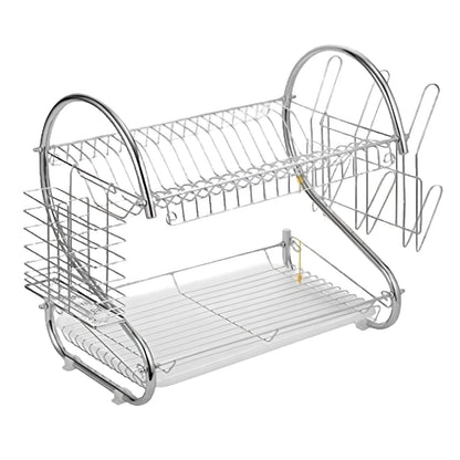 2 Tier Dish Drainer Rack with Cutlery Basket & Glass Holder – Silver