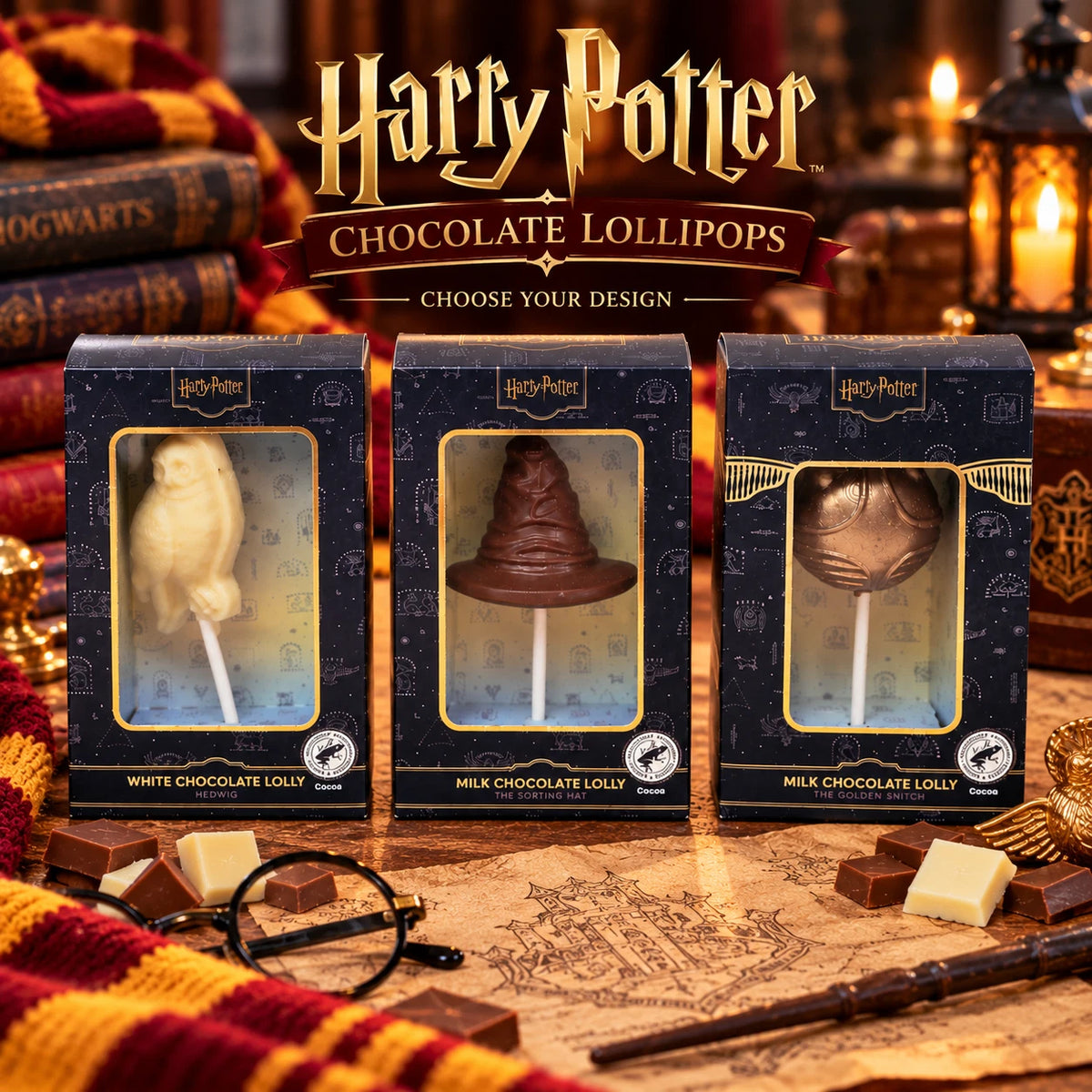 Harry Potter Chocolate Lollipop 30g | Hedwig, Sorting Hat or Golden Snitch | Boxed Sweet Gift