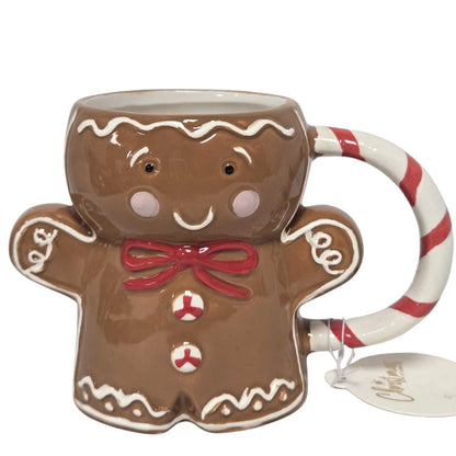 Gingerbread Man Christmas Mug with Red & White Candy Cane Handle