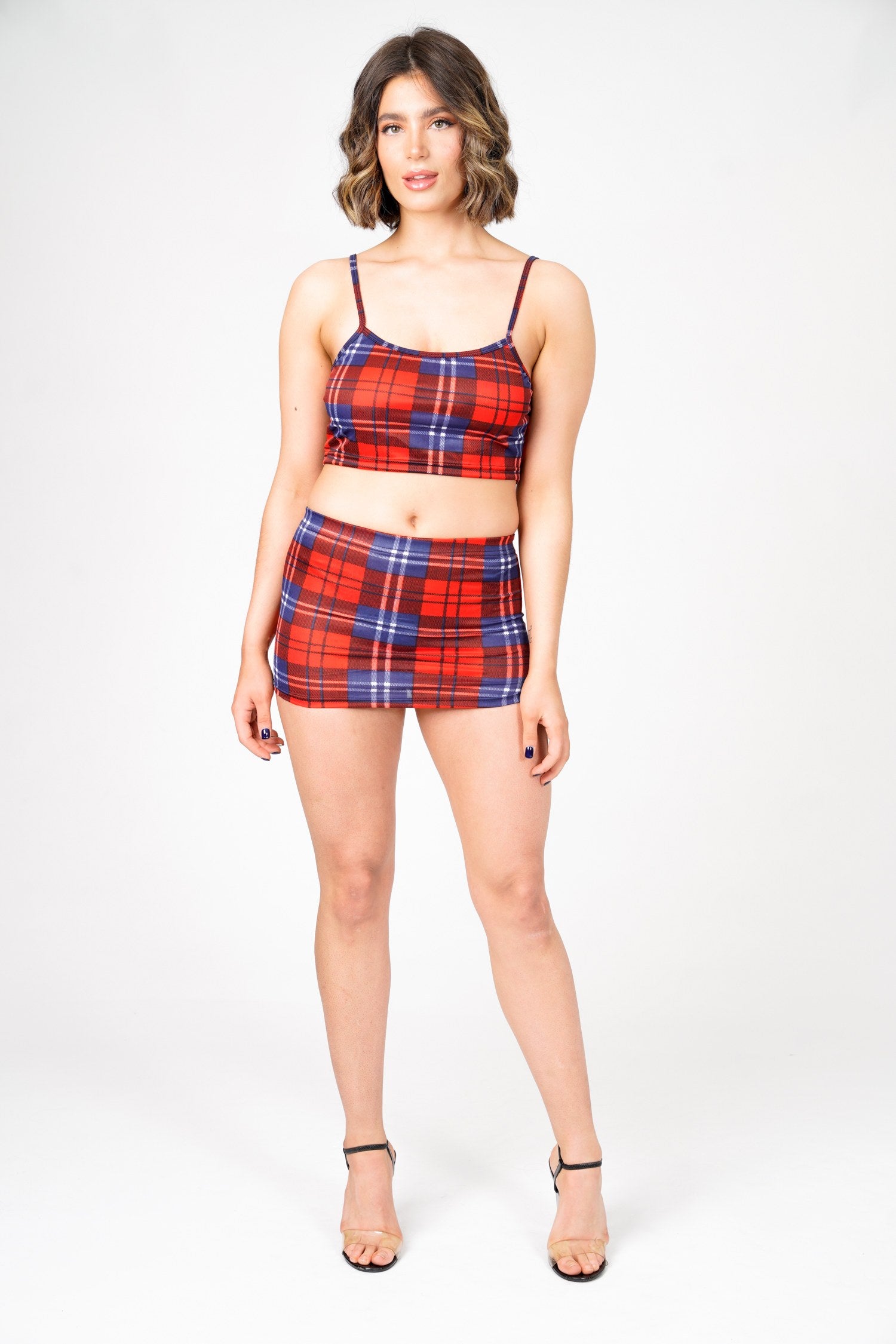 Sara's Check Strappy Crop Top Mini Skirt Co -Ord Set