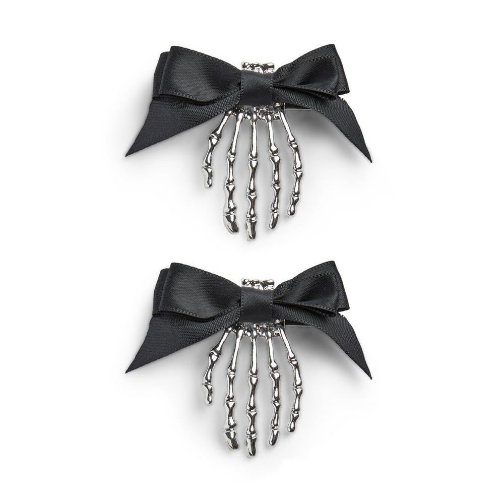 Silvertone Halloween Skeleton Bow Hands Hair Clips 2 Pack