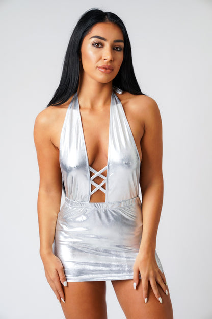 Lillian Metallic open back Mini dress