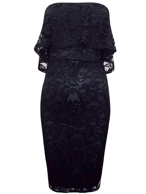 Black Floral Lace Bustier Bardot Dress