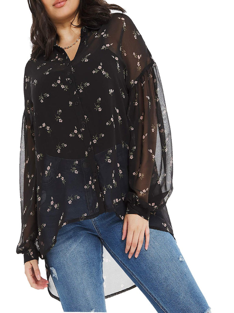 Floral Oversized Gathered Black Shirts