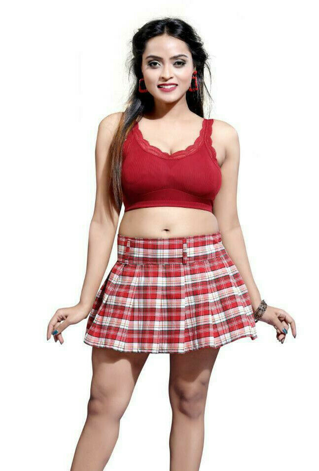 Red & White Check Pleated Mini Skirt