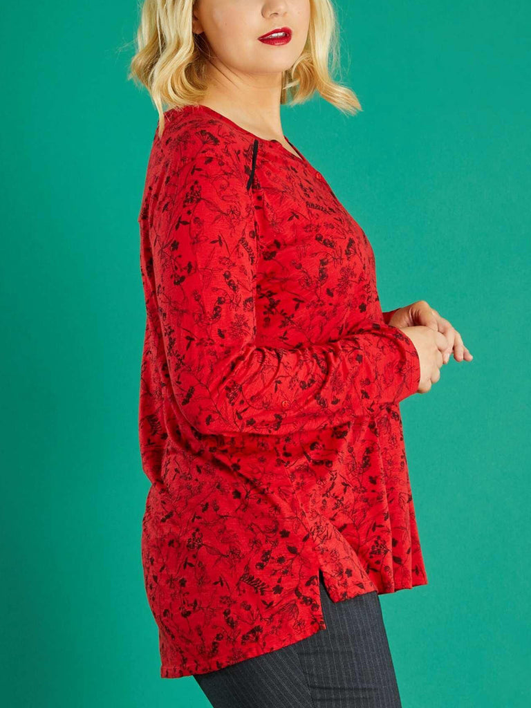 Long Sleeve Cotton Blend Red Floral Tee Top