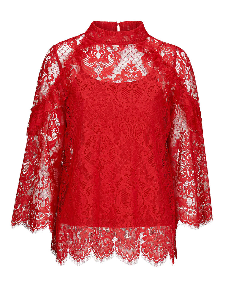 Ruffle Red High Neck Lace Blouse