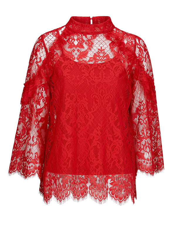 Ruffle Red High Neck Lace Blouse