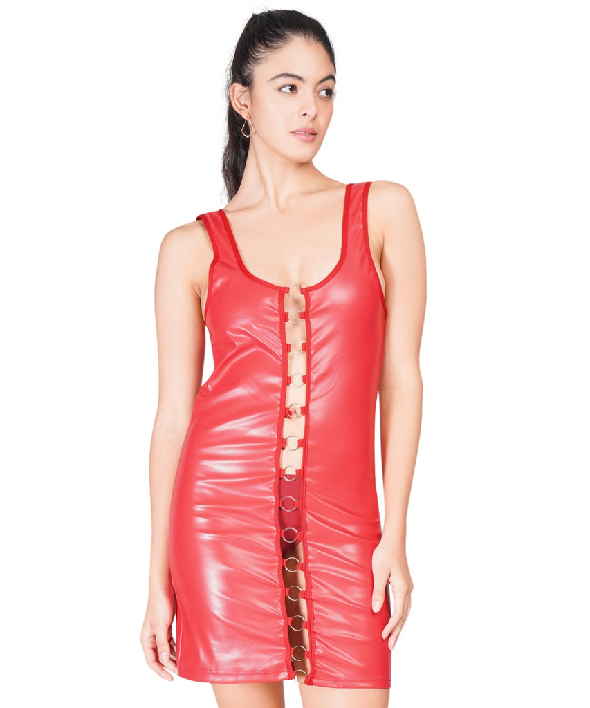 Red Leather Look Ring Dress