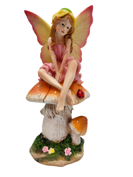 Divas World Secret Garden Fairy Sitting On Mushroom Statue Figurine Fairy Garden Patio Lawn Decoration