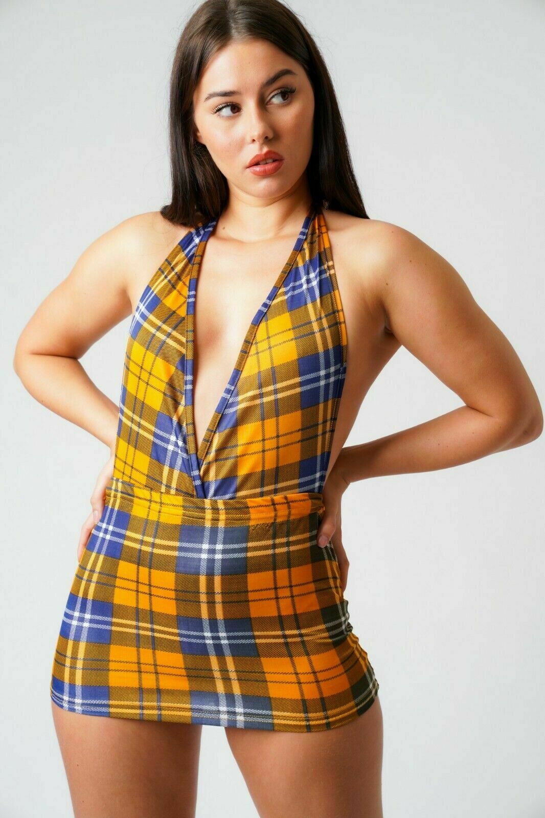Check Print V- Neck Yellow Dress