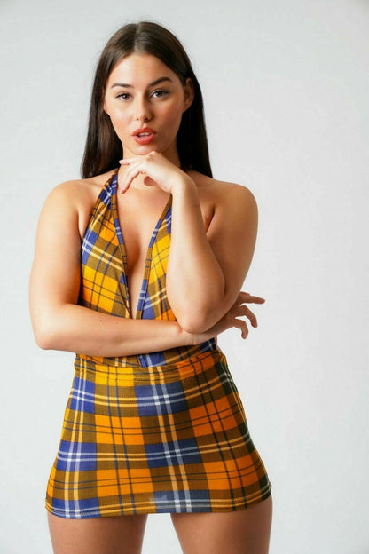 Check Print V- Neck Yellow Dress