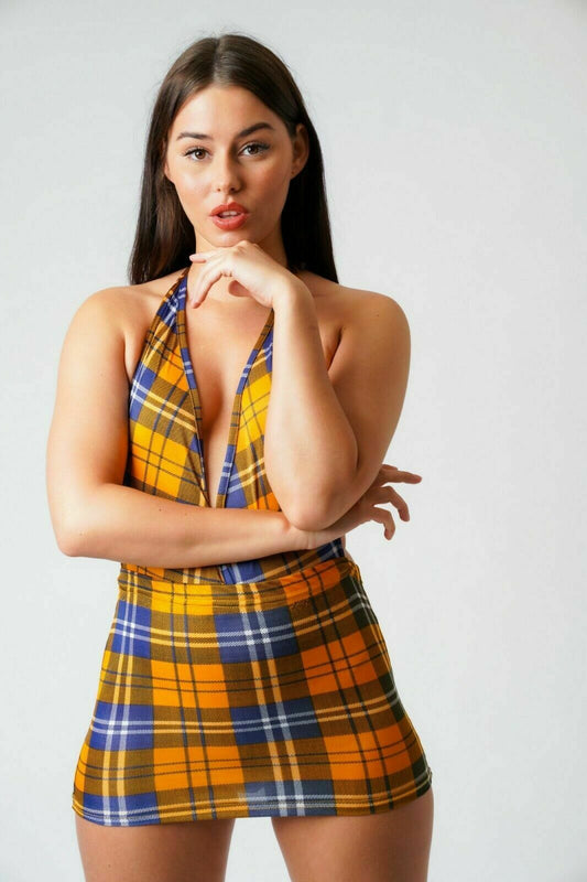 Check Print V- Neck Yellow Dress