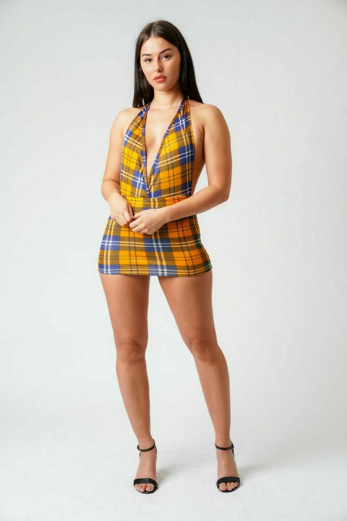 Check Print V- Neck Yellow Dress